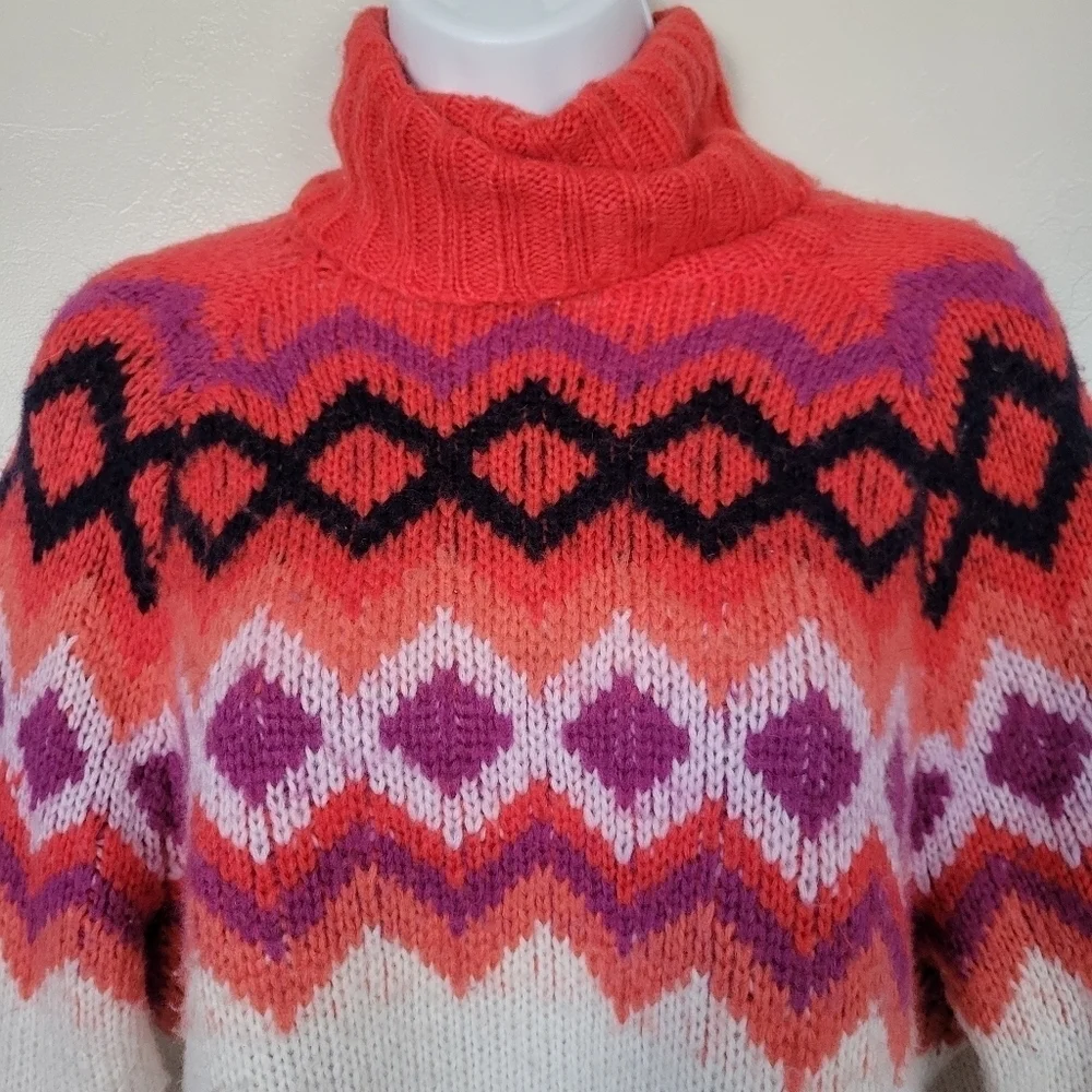 Aerie Fair Isle Turtleneck Sweater Long Sleeve 25% Wool XS Red White Colorful